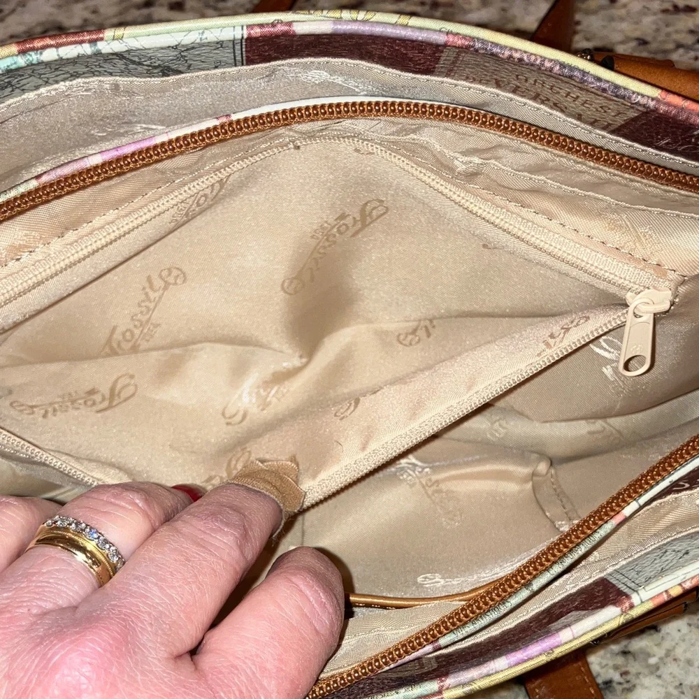 Fossil Vintage Travel Print Satchel Shoulder Bag Brown Leather Handles Cream - Picture 11 of 16